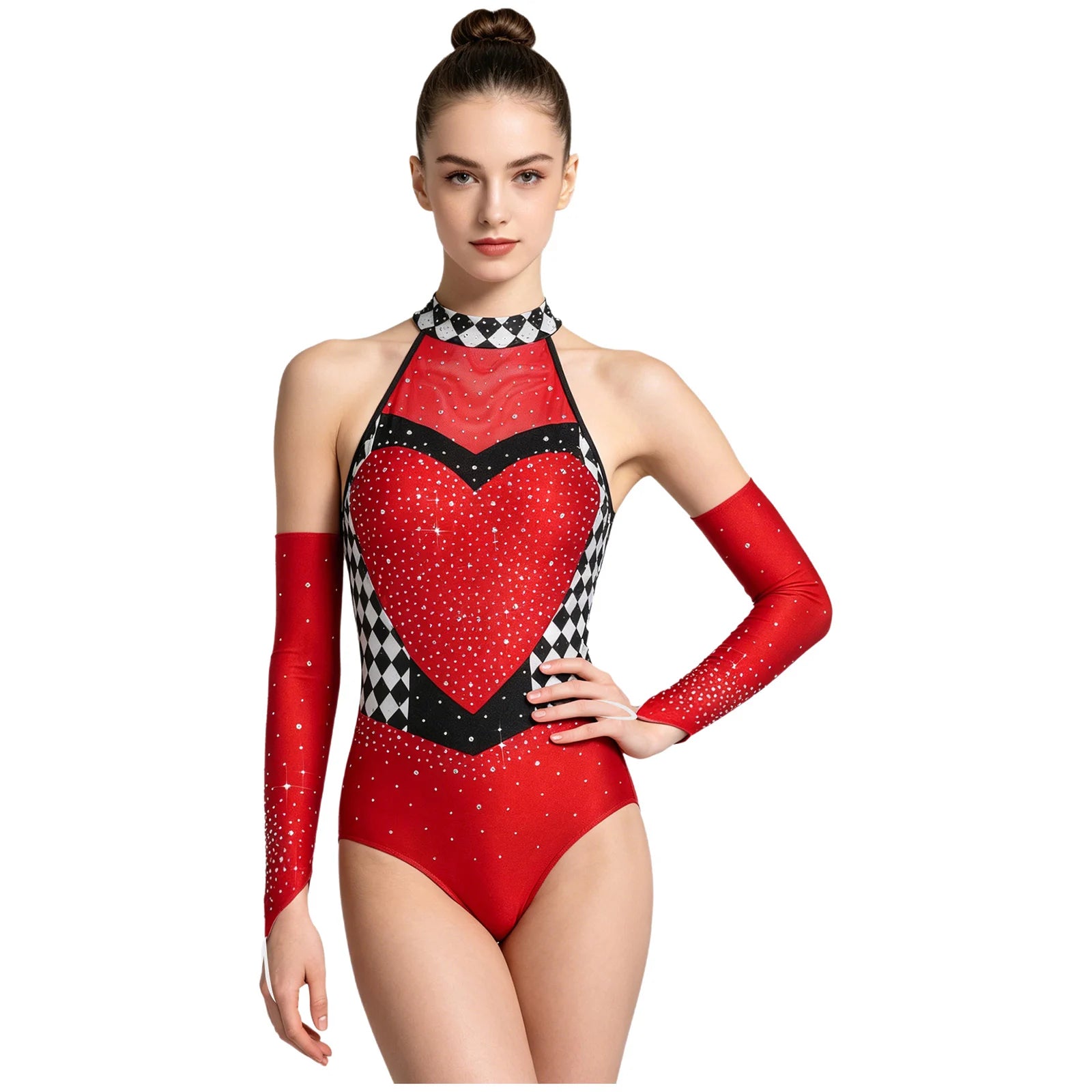 Queen of Hearts Rhinestone Halter Bodysuit & Sleeves Checkered Circus Stage Costume Set