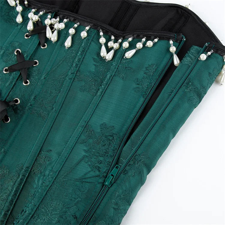 Green Floral Jacquard Overbust Corset Pearl Tassel Trim Bustier Top
