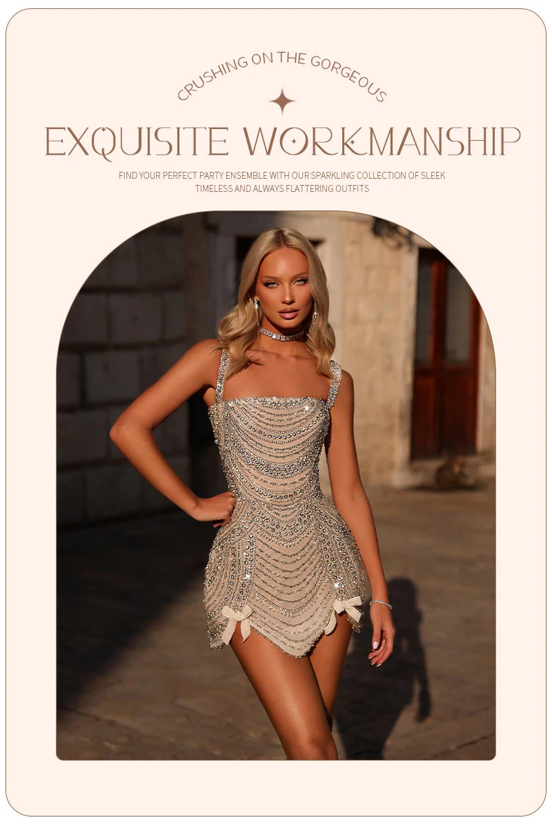 Nude Rhinestone Spaghetti Strap Mini Dress