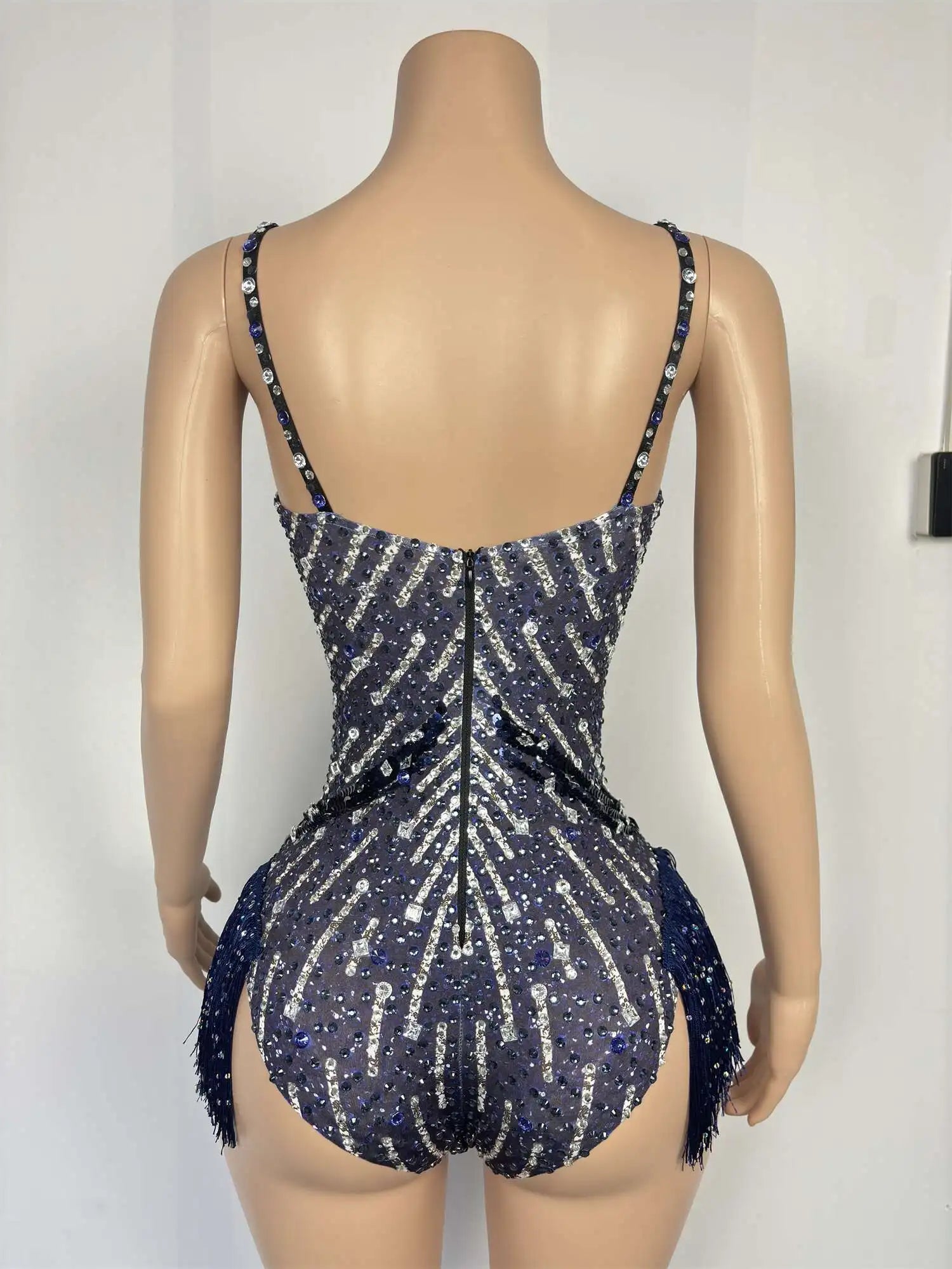 Sparkly Rhinestone Tassel Fringe Dance Leotard Nightclub Stage Performance Bodysuit