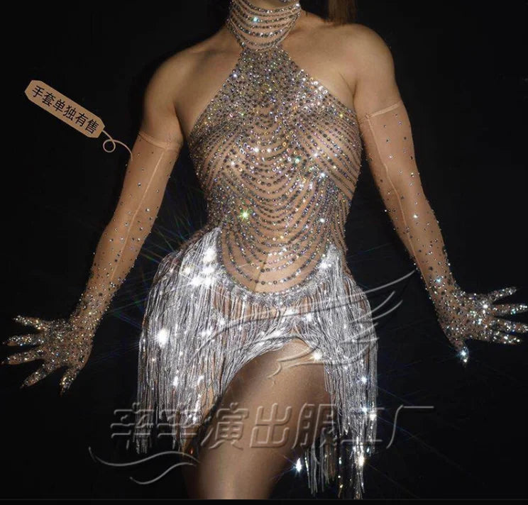 Rhinestone Tassel Mesh Performance Costume Set