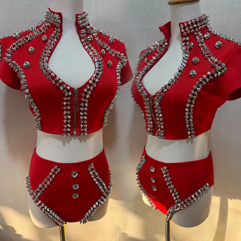 Sparkly Red Rhinestone Top & Shorts Set Gogo Showgirl Performance Outfit