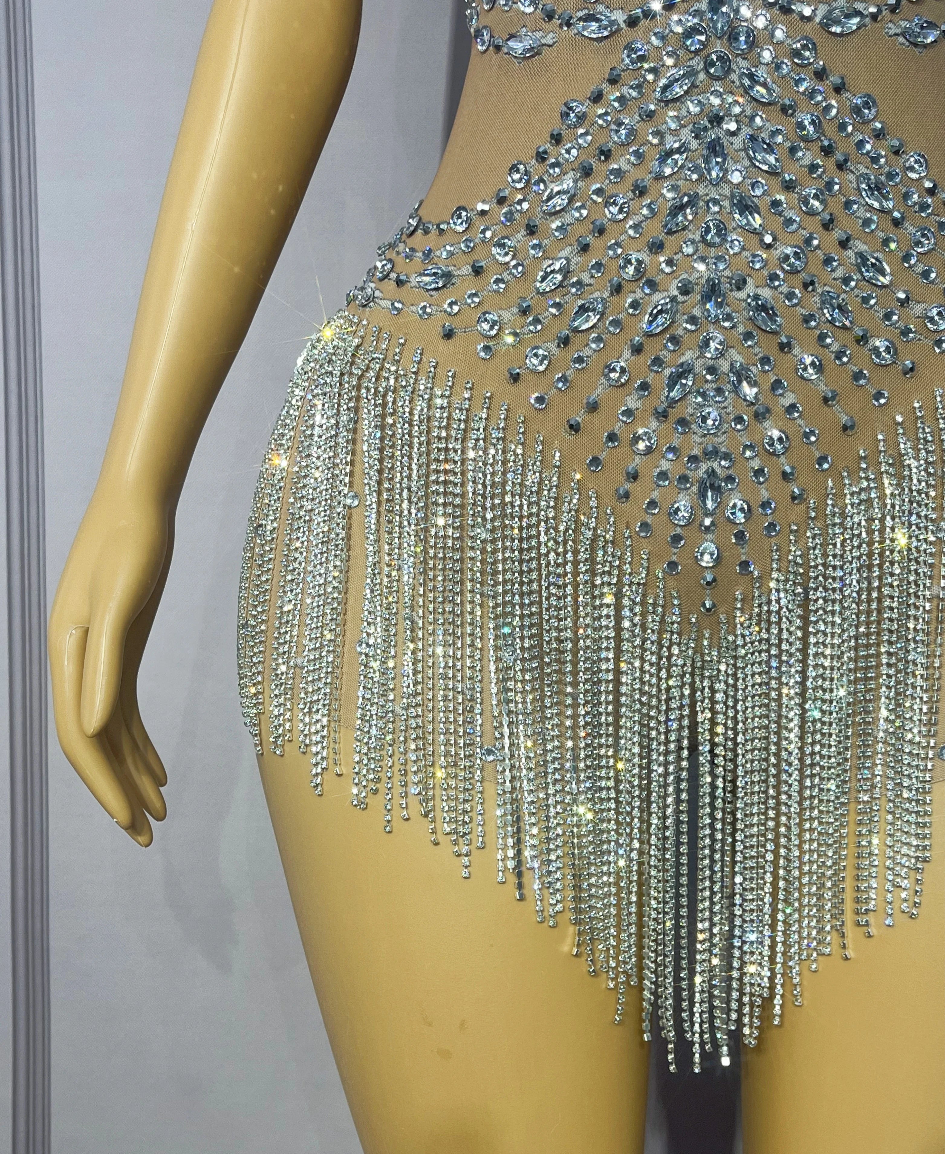Flashing Crystal Rhinestone Chain Sheer Nude Mesh Stage Bodysuit Dance Leotard