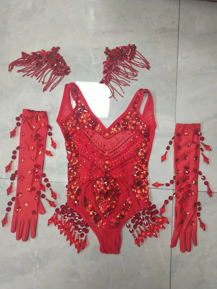 Sexy Nightclub Bar Gogo Dance Costume Red Rhinestones Fringe Mesh Bodysuit Gloves Performance Stage Wear Party Show Rave Outfits