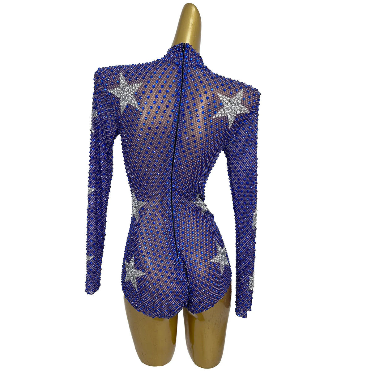 Women Blue Silver Star Pattern Rhinestone Mesh Long Sleeve Bodysuit Stage Performance Costume
