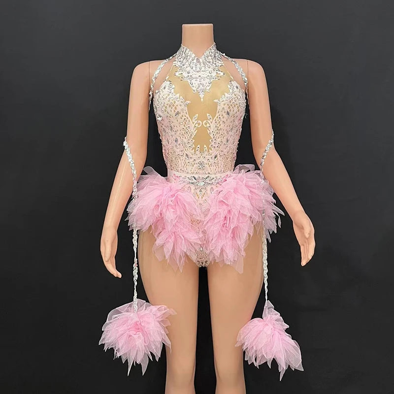 Rhinestone Feather Embellished Bodysuit & Showgirl Stage Dance Costume