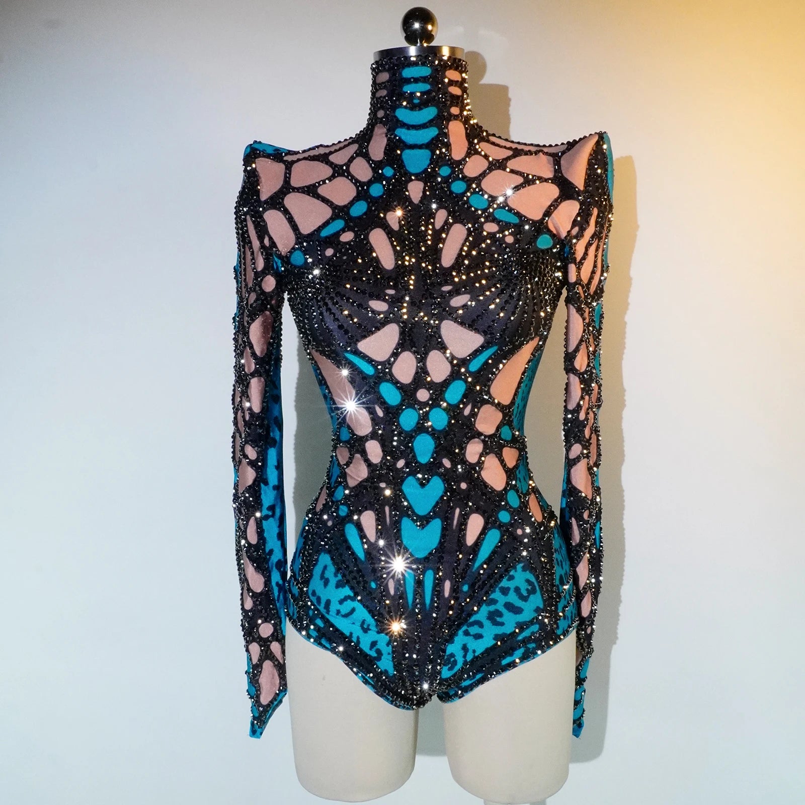 Futuristic Cyber Armor Rhinestone Bodysuit Mock Neck Sleeveless Stage Dance Costume