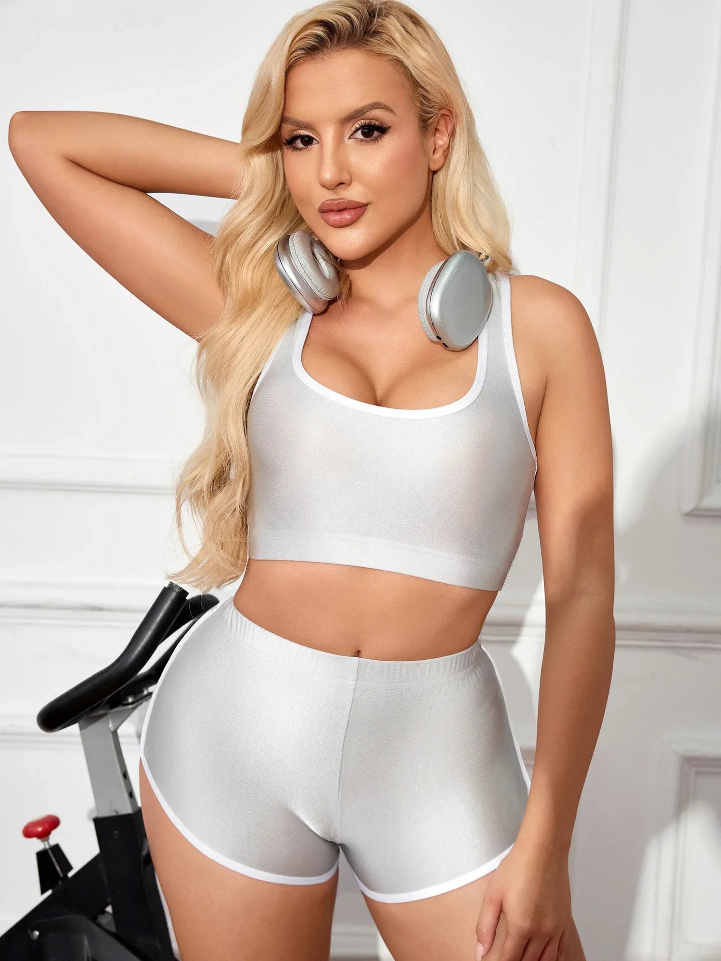 Metallic High-Stretch Crop Tank & Shaping Shorts 2-Piece Activewear Set