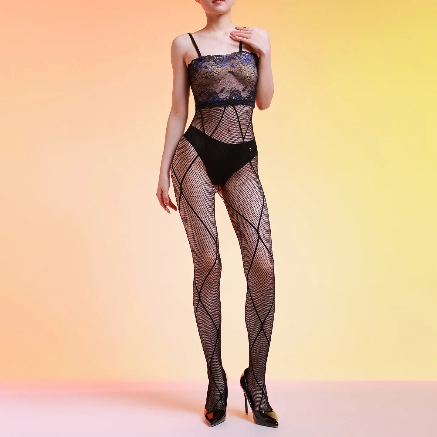 Sexy Women Strap Mesh Sheer Jumpsuit Strap Bandage Lace Printing Bodysuit Woman High Elastic Tights Open Crotch Maid Leotard