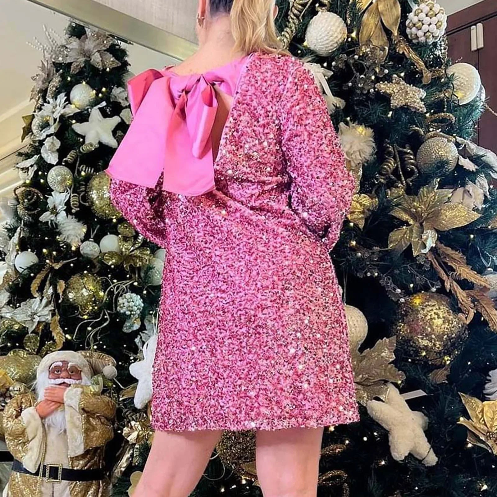 Shiny Sequin Bowknot Long Sleeve Glitter Evening Dress