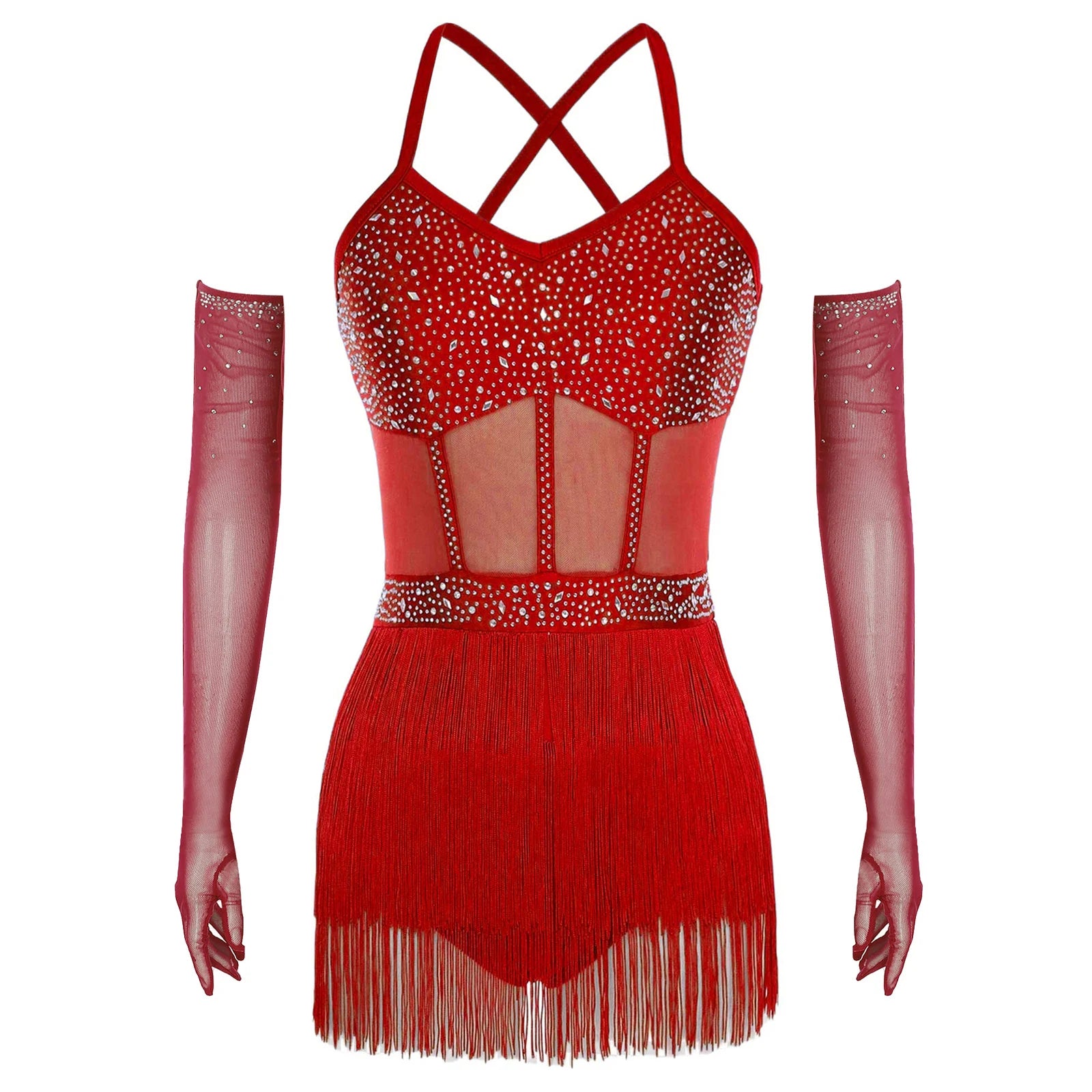 Rhinestone Latin Dance Dress, Mesh Tiered Tassel Bodysuit & Long Gloves Set