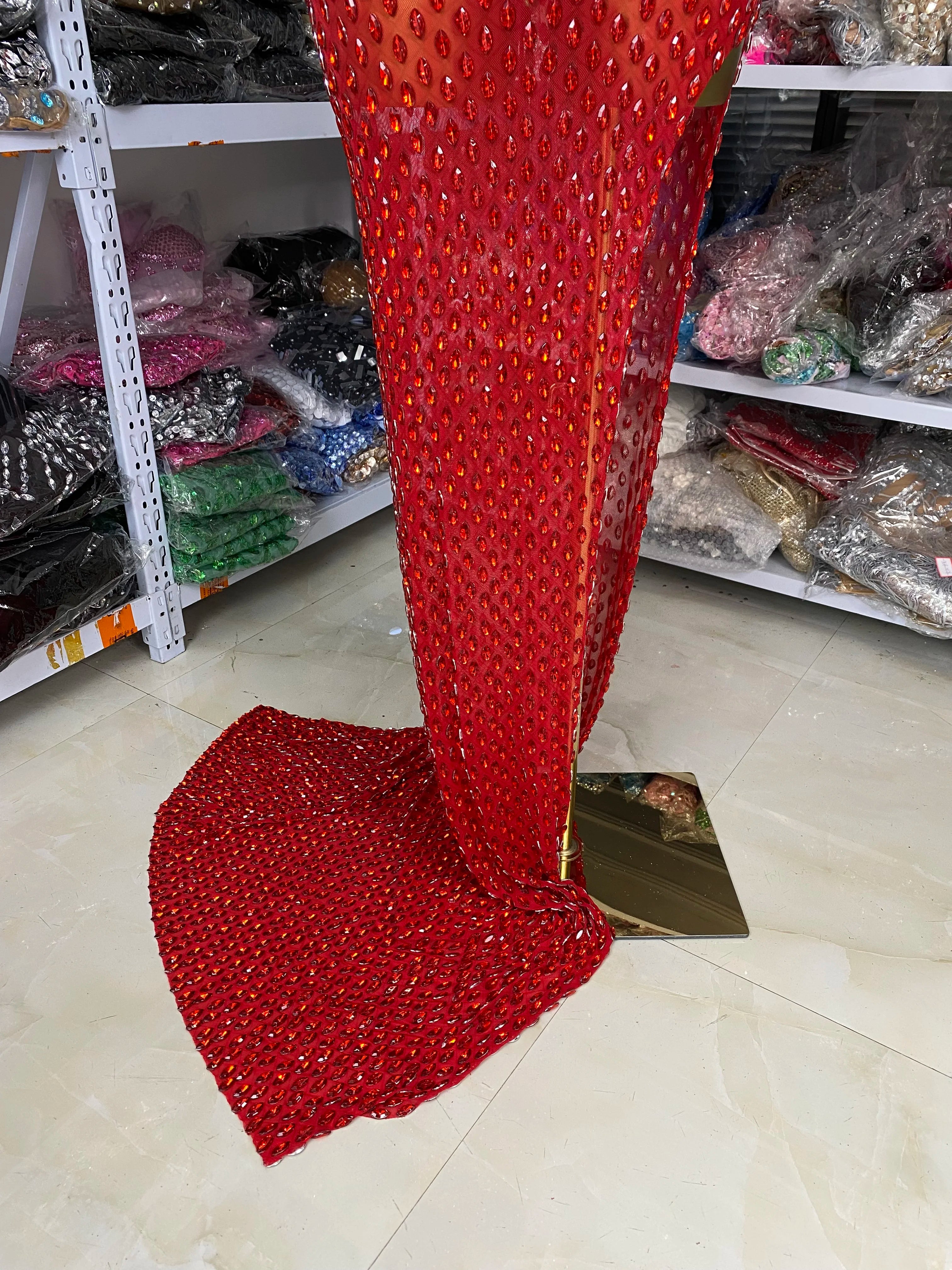 Crimson Red Rhinestone Sweetheart Slit Gown Floor-Length Trailing Evening Dress