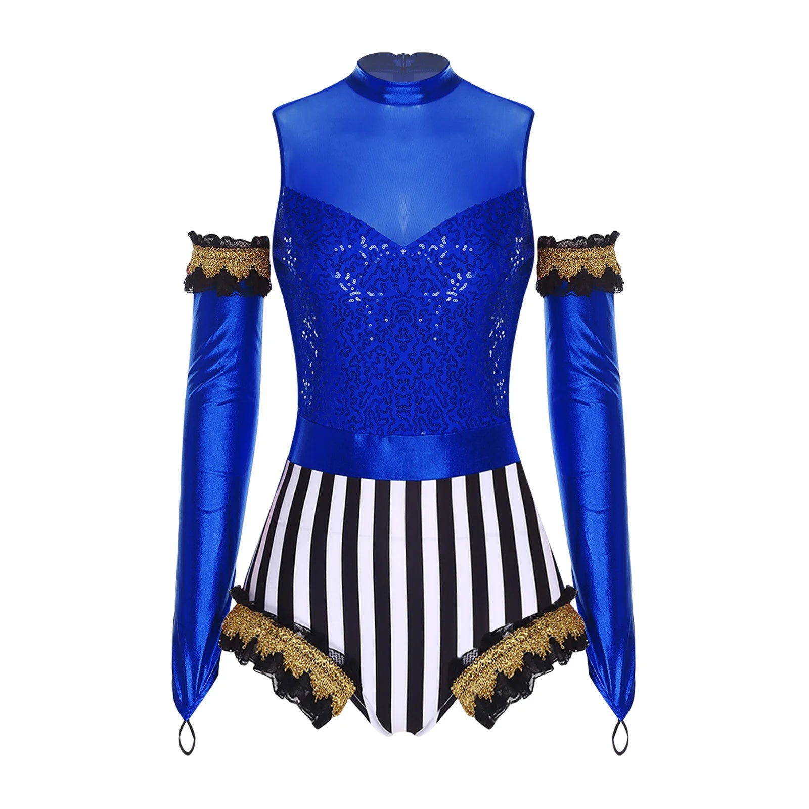 Circus Ringmaster Sequin Striped Bodysuit & Metallic Gloves 2-Piece Stage Costume Set