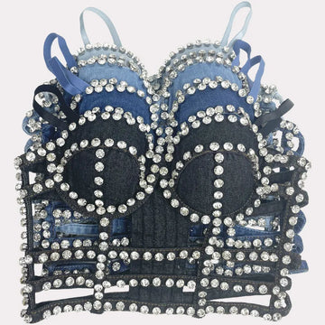 Studded Denim Bustier Crop Top Studded Punk Style Stage Costume Top