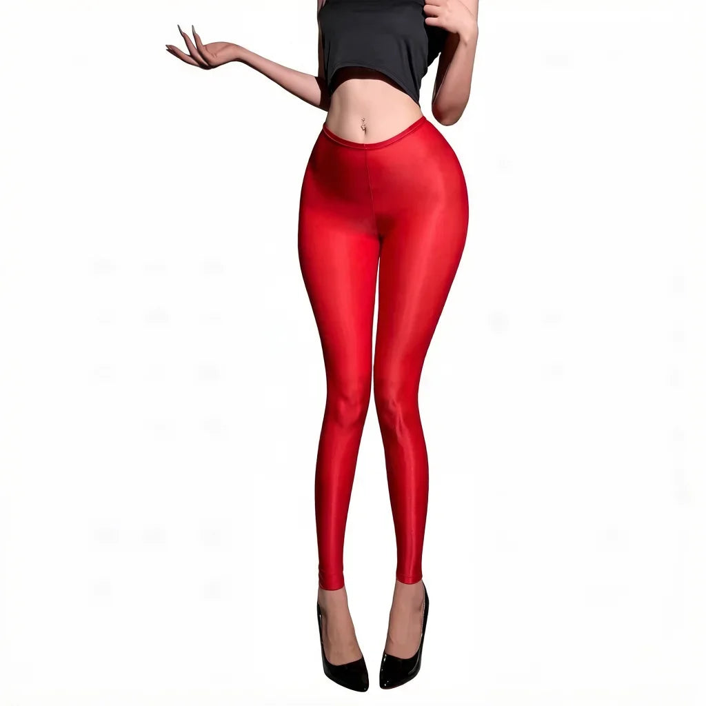 Women Thin Pants Sheer See Through Oil Shiny Leggings Pencil Pants Elastic Smooth Shaping Slim Ninth Pants Maid Tights Plus Size
