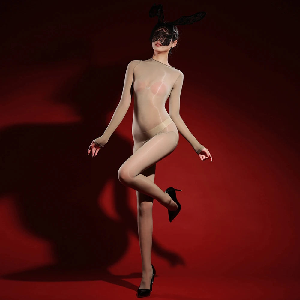 Oil Glossy High-Stretch Sheer Full-Length Bodysuit Thong Catsuit Jumpsuit