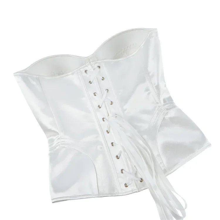 Overbust Corset Bustier Top Built-In Bra Cup Lace-Up Waist Cincher