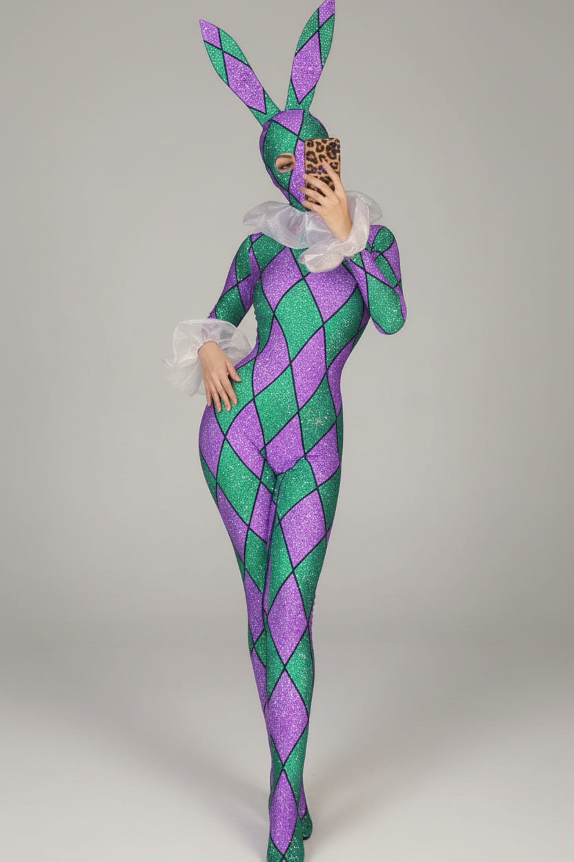 Futuristic Geometric Rhinestone Bunny Bodysuit – Luxury Showgirl Stage Costume & Exotic Festival Leotard with Statement Collar
