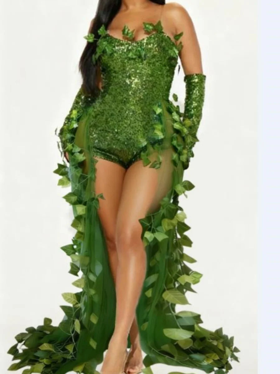 Emerald Ivy Leaf Sequin High-Low Gown & Gloves Sexy Botanical Villain Costume Set
