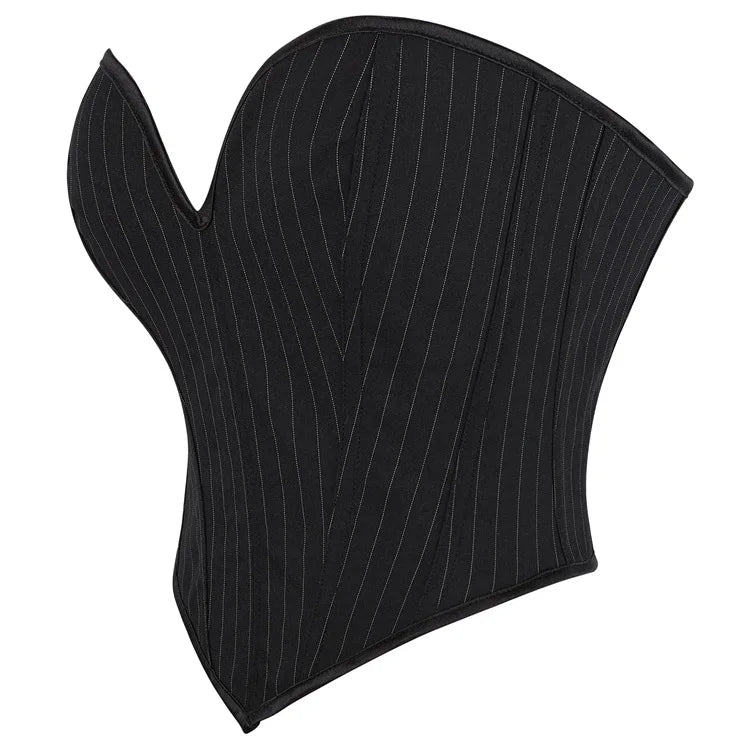 Black Striped Overbust Corset Top Zipper Front Lace-Up Bustier Body Shaper