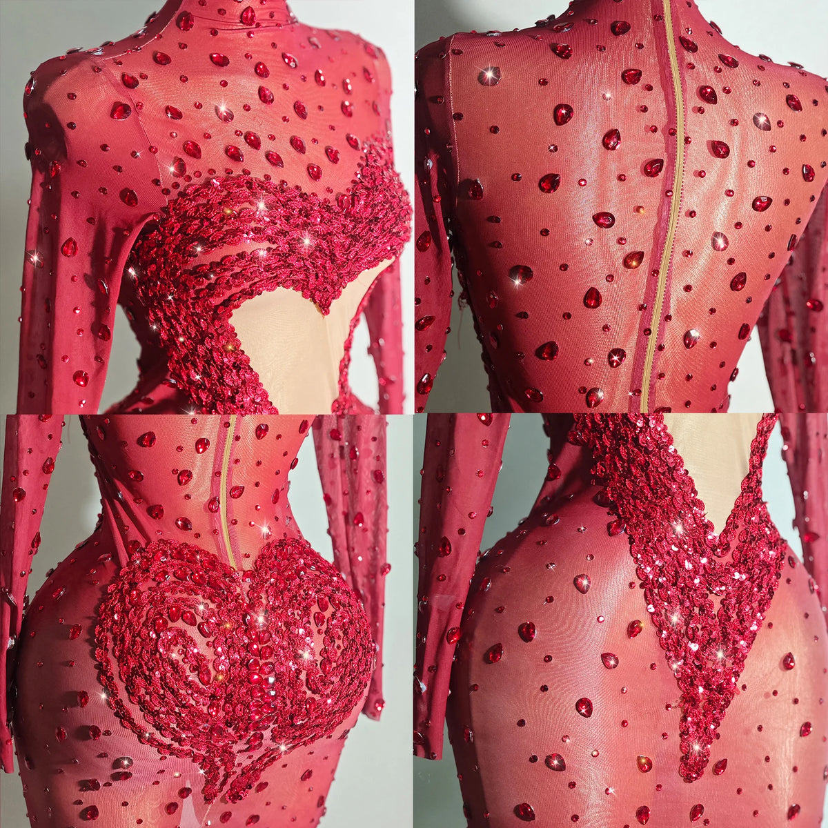 Crystal Rhinestone Mesh Long Sleeve Vintage Inspired Dress with Sequins and Skirt