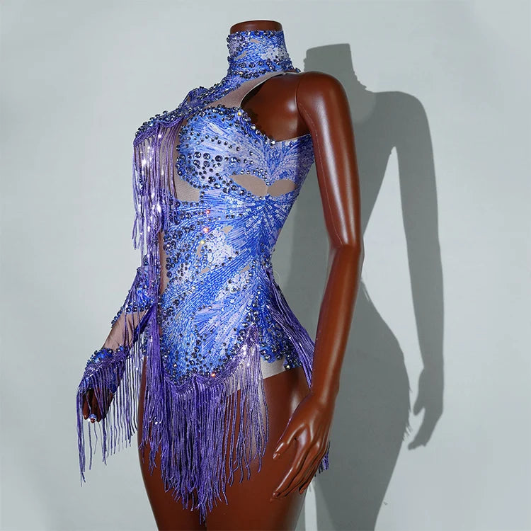 Leopard Sequin Fringe Asymmetrical Bodysuit One-Sleeve Stage Performance Costume
