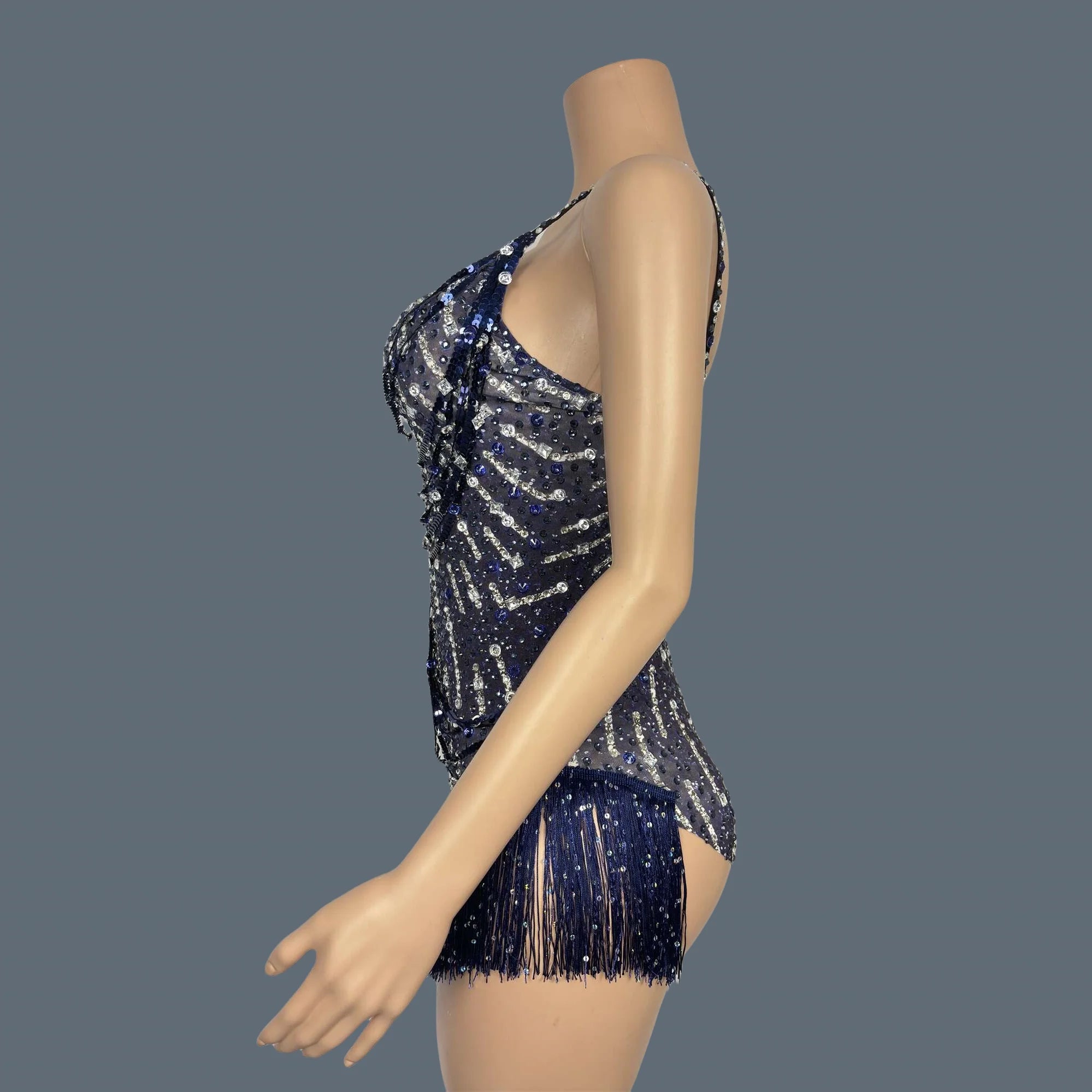 Sparkly Rhinestone Tassel Fringe Dance Leotard Nightclub Stage Performance Bodysuit