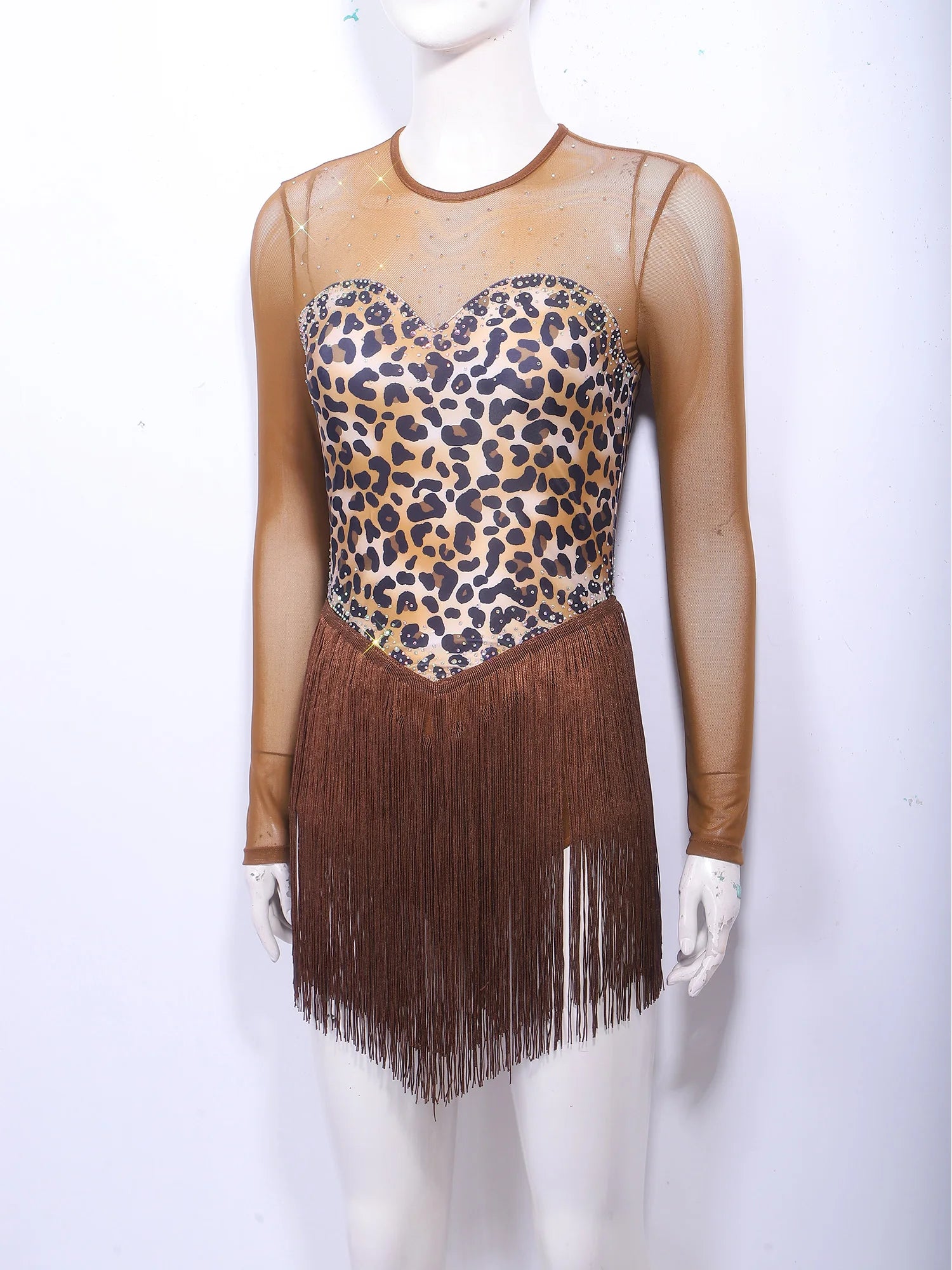 Leopard Rhinestone Fringe Latin Dance Bodysuit Mesh Long Sleeve Stage Performance Dress