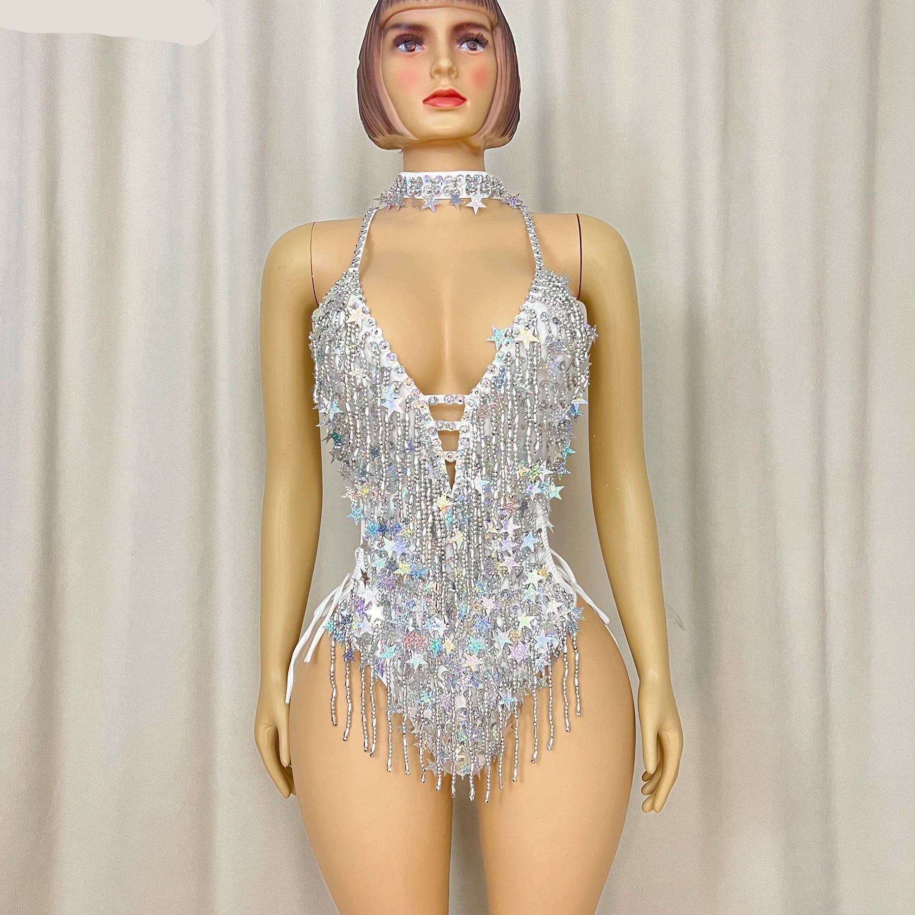 Sparkly Silver Beaded Sequin Samba Leotard Bodysuit & Necklace Set