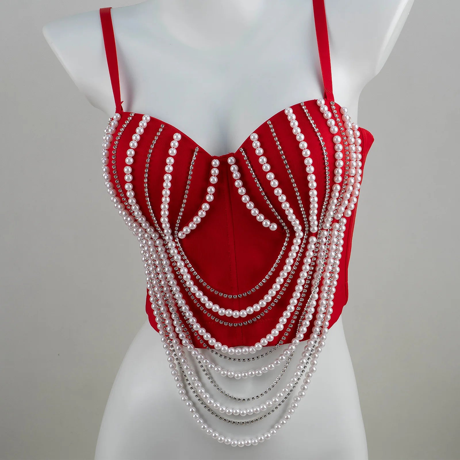 Pearl & Diamond Embroidery Chain Bustier Corset Crop Top Stage Party Bralette