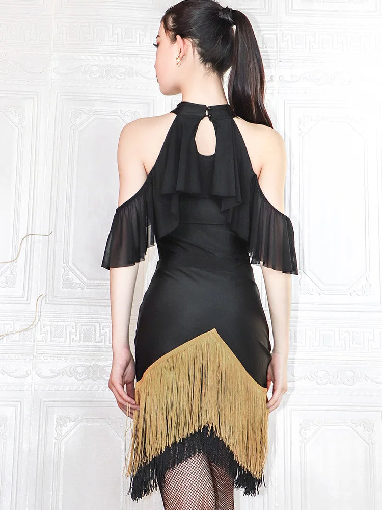 Black High-Neck Short-Sleeve Bodysuit & Gold Fringe Skirt Latin Dance Costume Set