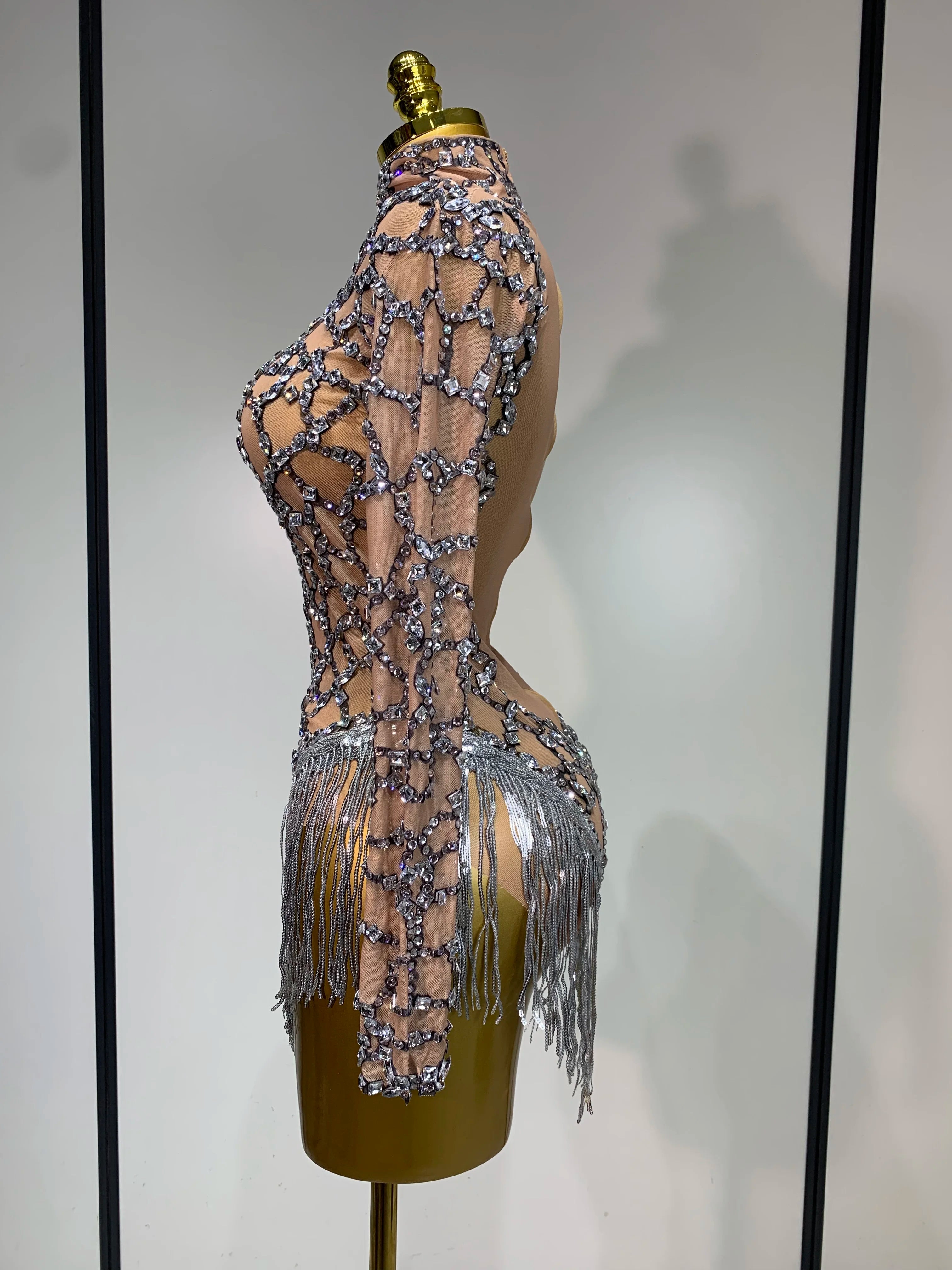 The Stardust Diamond Fringe Bodysuit – Luxury Rhinestone Mesh Stage Costume