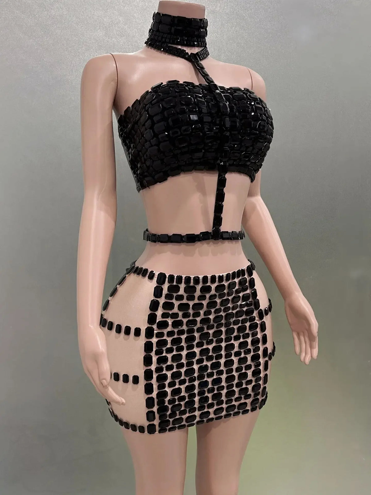 Vintage-Inspired Sparkly Rhinestones Two-Piece Backless Top And Mini Skirt Set