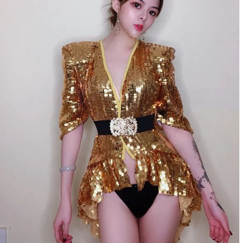 Sequined Shoulder Pad Tuxedo Leotard & Stage Performance Costume