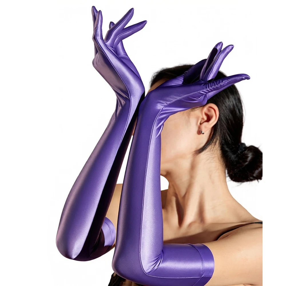 Oil Glossy Satin Smooth Five-Finger Long Elbow Gloves High-Stretch Luxury Evening Gloves
