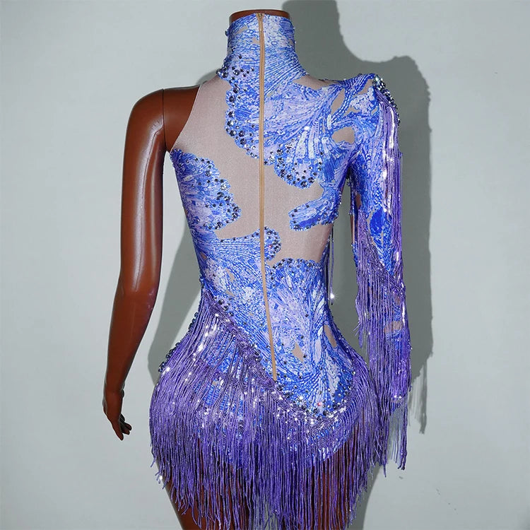 Leopard Sequin Fringe Asymmetrical Bodysuit One-Sleeve Stage Performance Costume