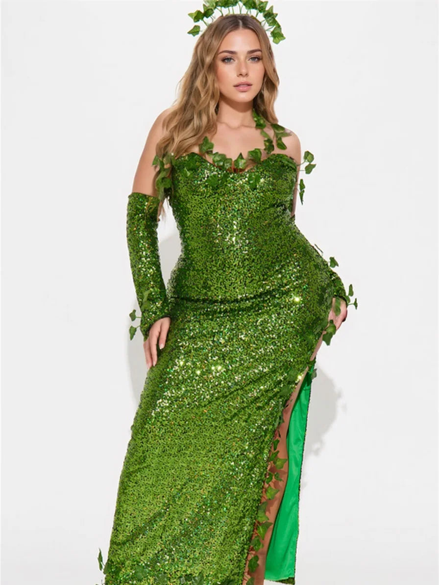 Deluxe Poison Ivy Green Sequin Maxi Gown & Glove Set 3-Piece Halloween Cosplay Costume