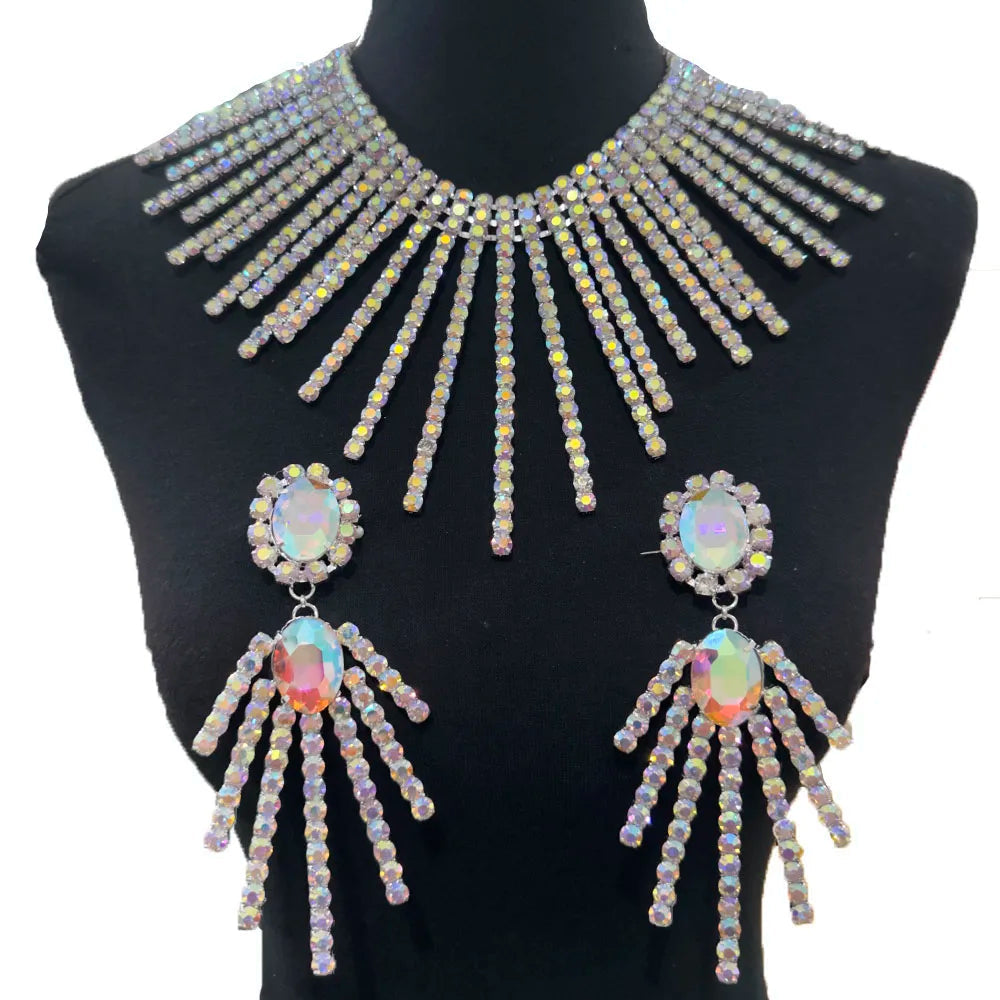 Rhinestone Tassel Necklace & Earring Set