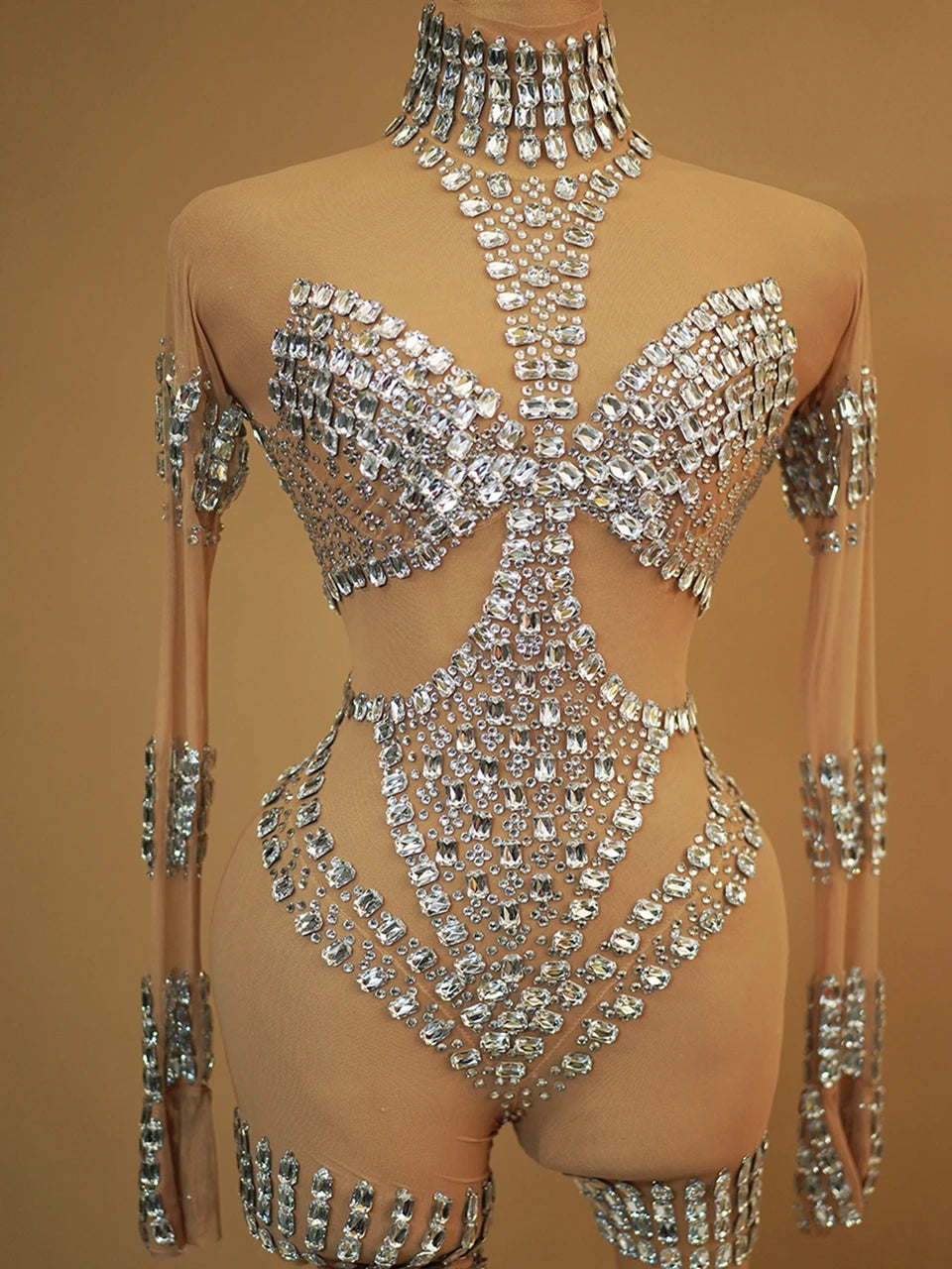 Sparkly Silver Rhinestone Sheer Mesh Jumpsuit Stage Performance Costume