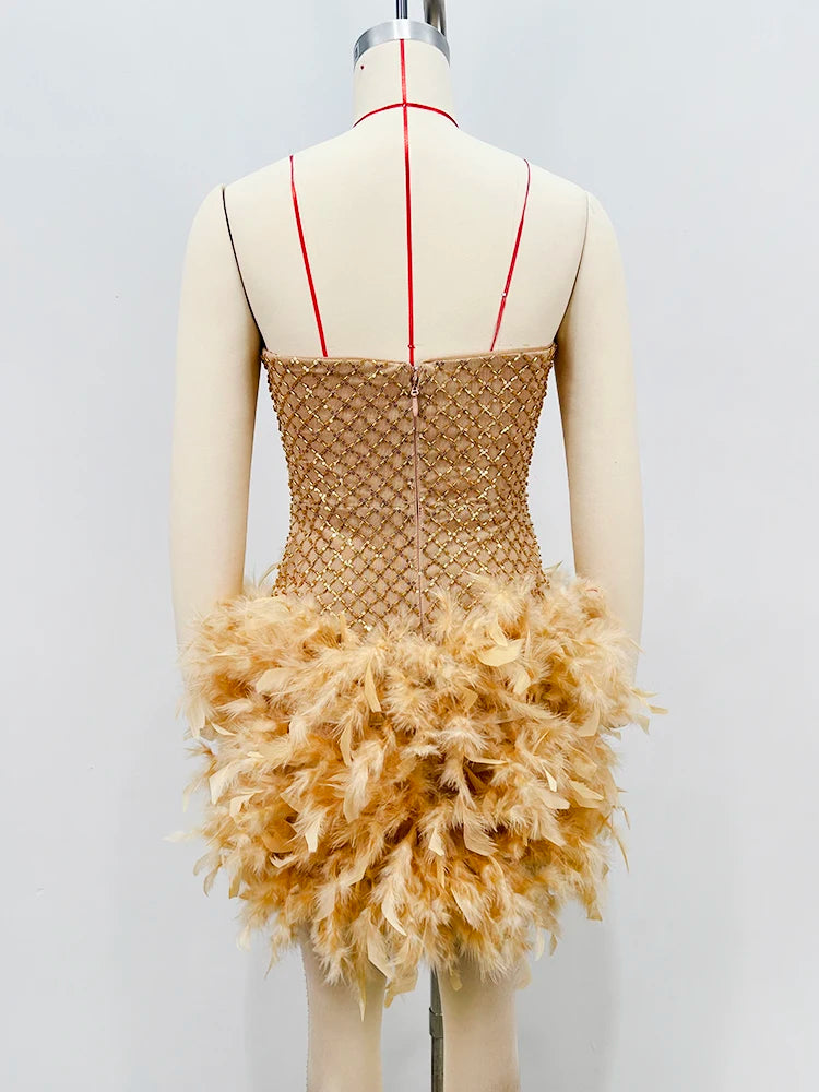 Gold Feather Trim Strapless Mini Dress