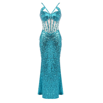 Cyan Sequin & Crystal Cross-Strap Gown