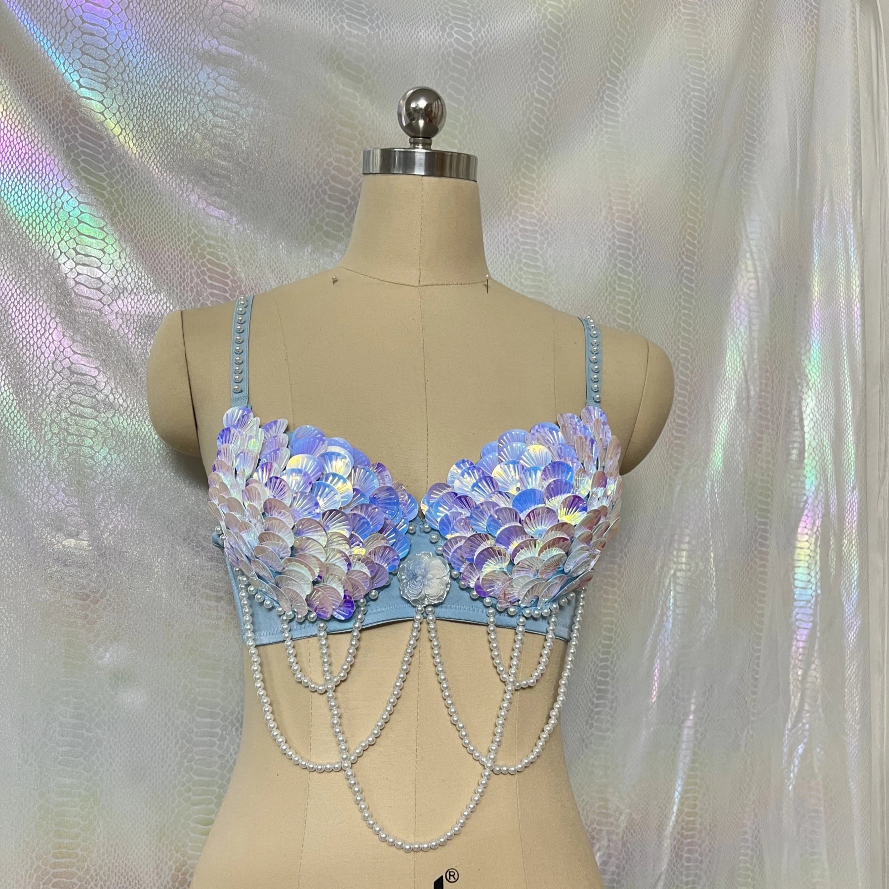 Handmade Mermaid Sequin Pearl Shell Belly Dance Bra Festival Rave Top