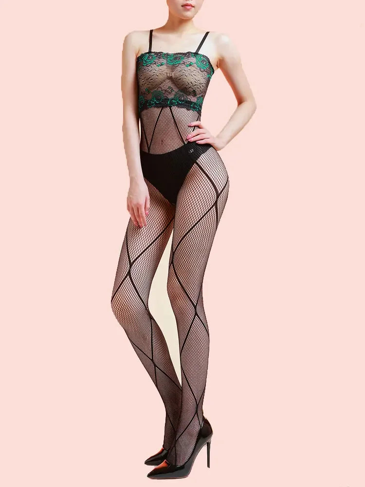 Sexy Women Strap Mesh Sheer Jumpsuit Strap Bandage Lace Printing Bodysuit Woman High Elastic Tights Open Crotch Maid Leotard