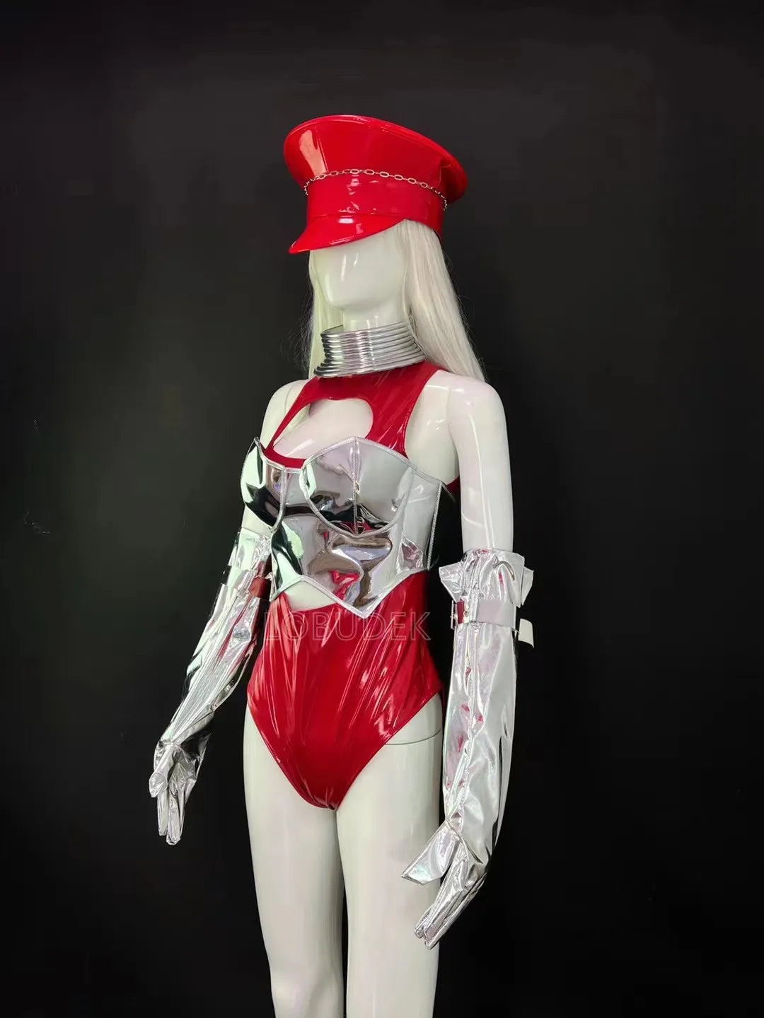 Crimson Red & Laser Silver Foil Bodysuit, Gloves & Beret Hat Stage Dance Costume Set