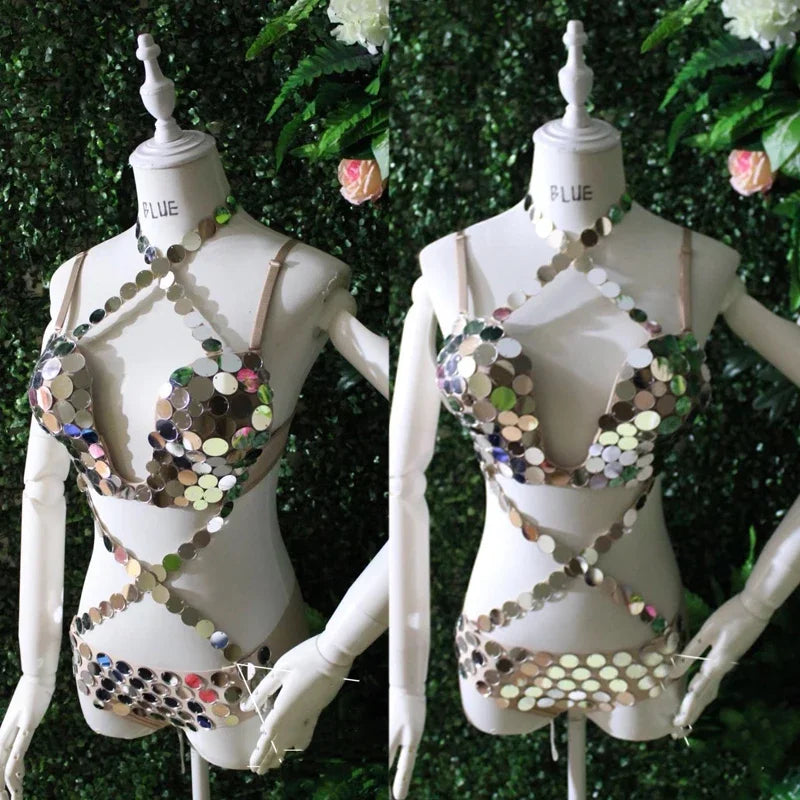 Silver Sequin Pole Dance Bikini Costume for Women | Go-Go Stagewear