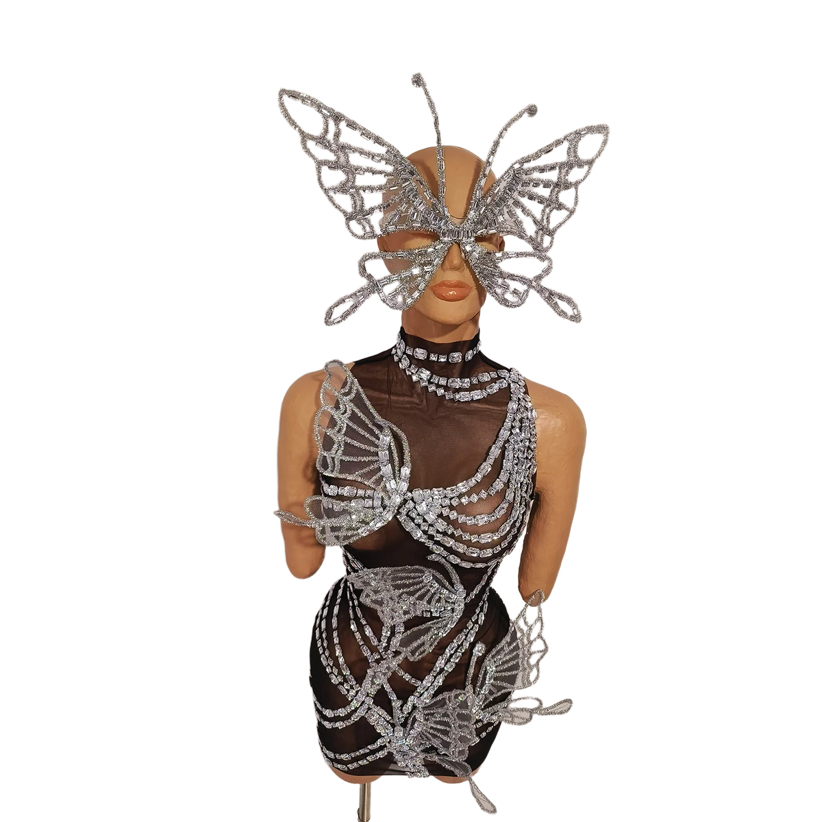 Silver Crystal Mesh 3D Butterfly Rhinestone Wings Jumpsuit