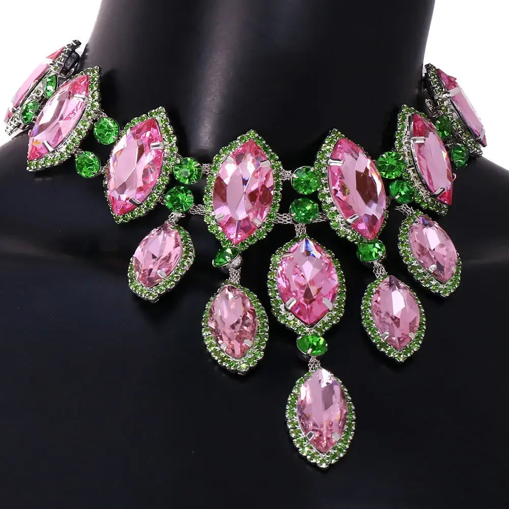 Pink & Green Geometric Rhinestone Choker