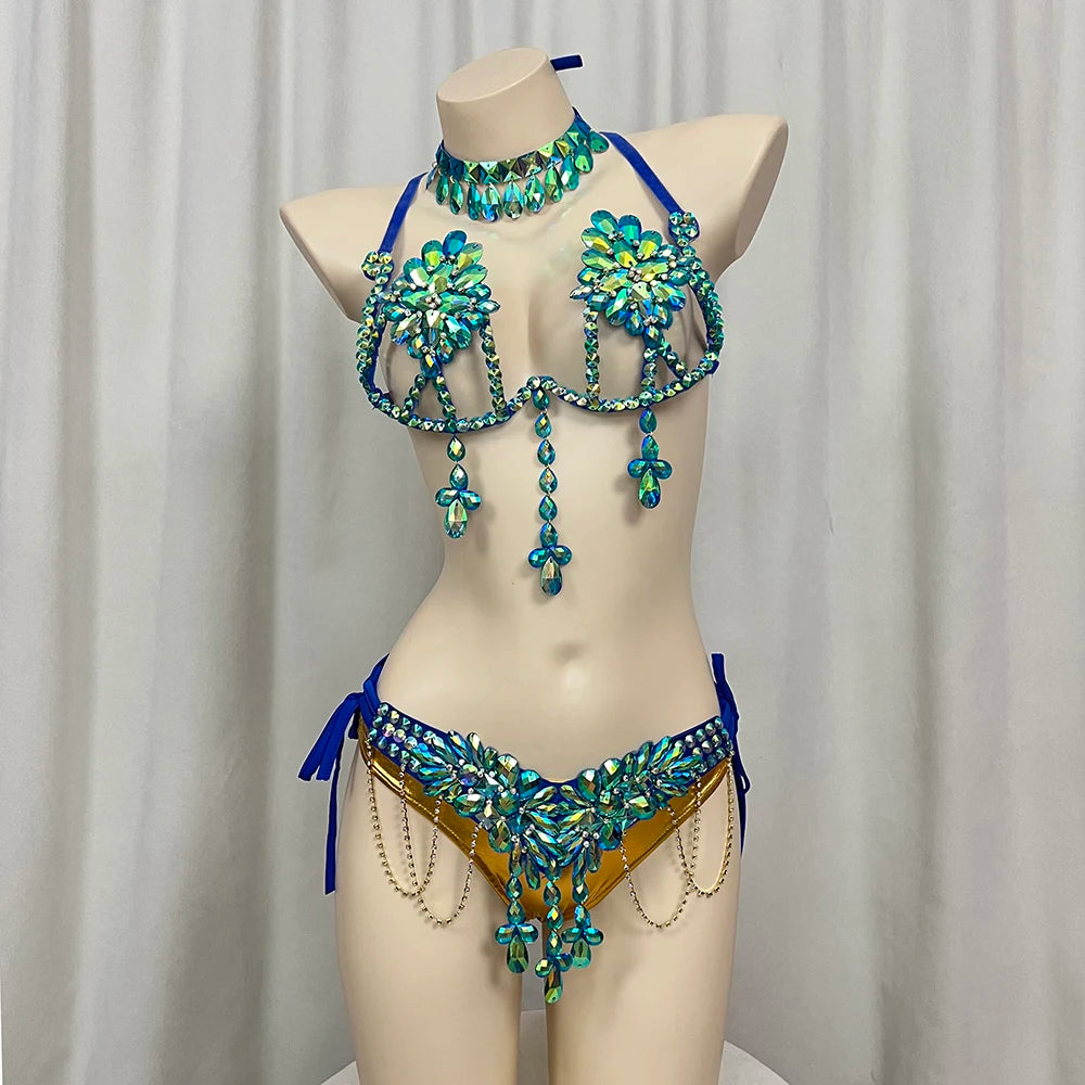 The Stardust Empress Royale – Deluxe Rhinestone Samba Carnival Wire Bra, Panty, Belt & Necklace 4-Piece Costume Set