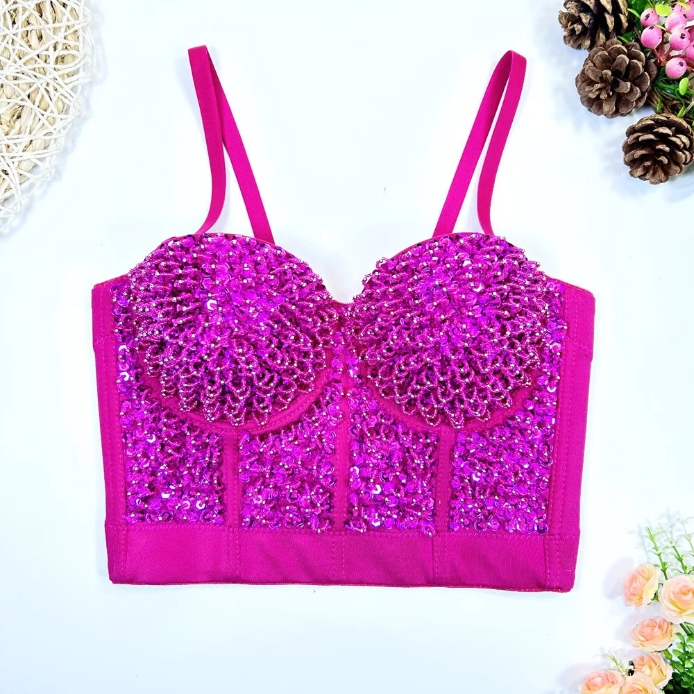 Gold Beaded Sequin Embroidery Bustier Corset Crop Top Party Bralette