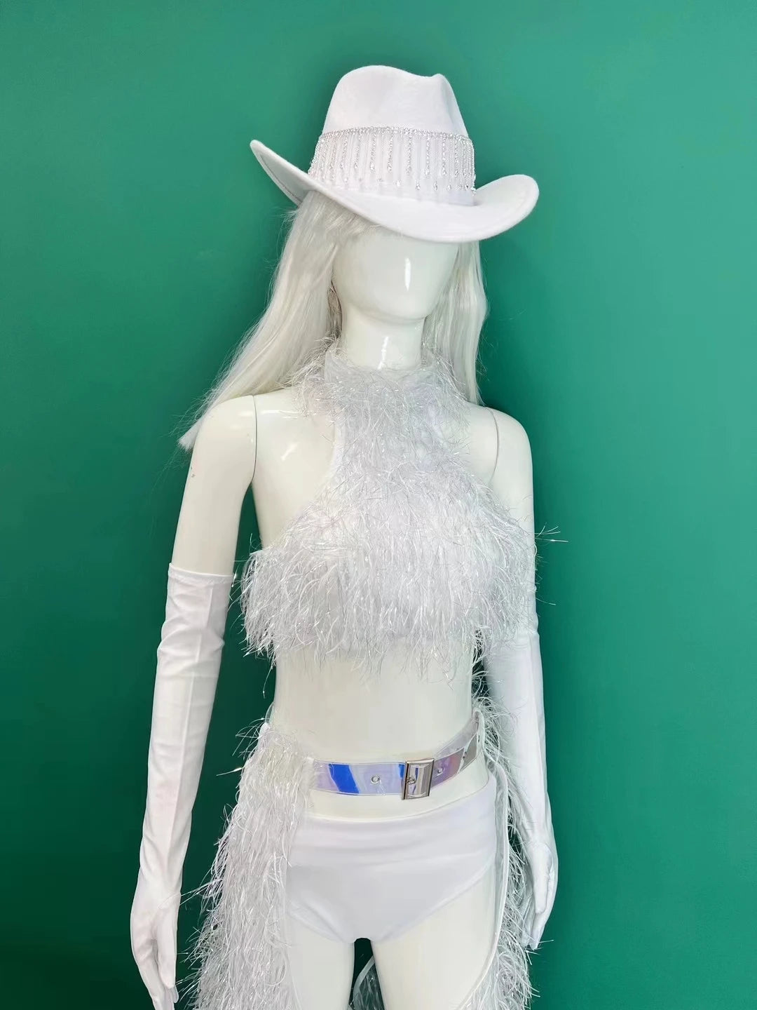 White Faux Fur Halter Top, Flare Chaps Pants, Long Gloves & Hat 4-Piece Stage Dance Costume Set